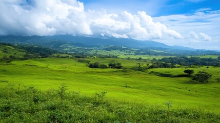Obraz premium Serene Green Valley Landscape with Distant Mountains under a Blue Sky