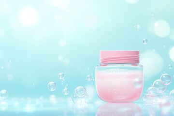 Cosmetic jar with bubbles on a serene blue backdrop creating an inviting atmosphere