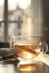 Tasty cup of tea on a table, sunset indoors wallpaper background. cozy atmosphere 
