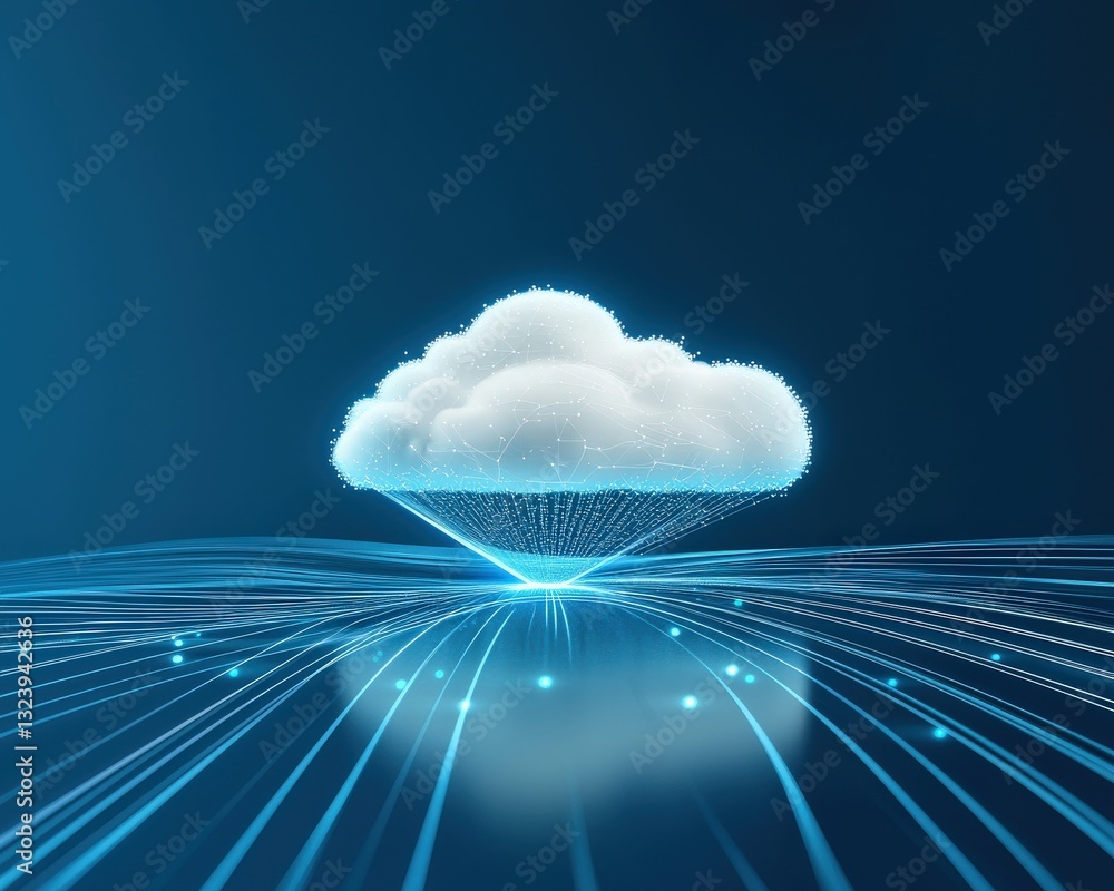 Poster a dreamlike scene of clouds turning into data streams.