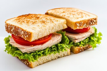 Sandwich featuring turkey, lettuce, and tomato on toasted sesame seed bread for advertising