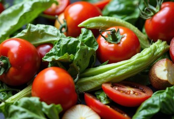 Fresh tomatoes and leafy greens arranged beautifully for a healthy meal