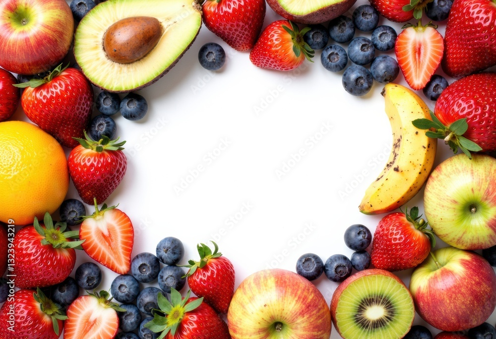 Poster fresh fruits arranged in a colorful frame with empty space for text