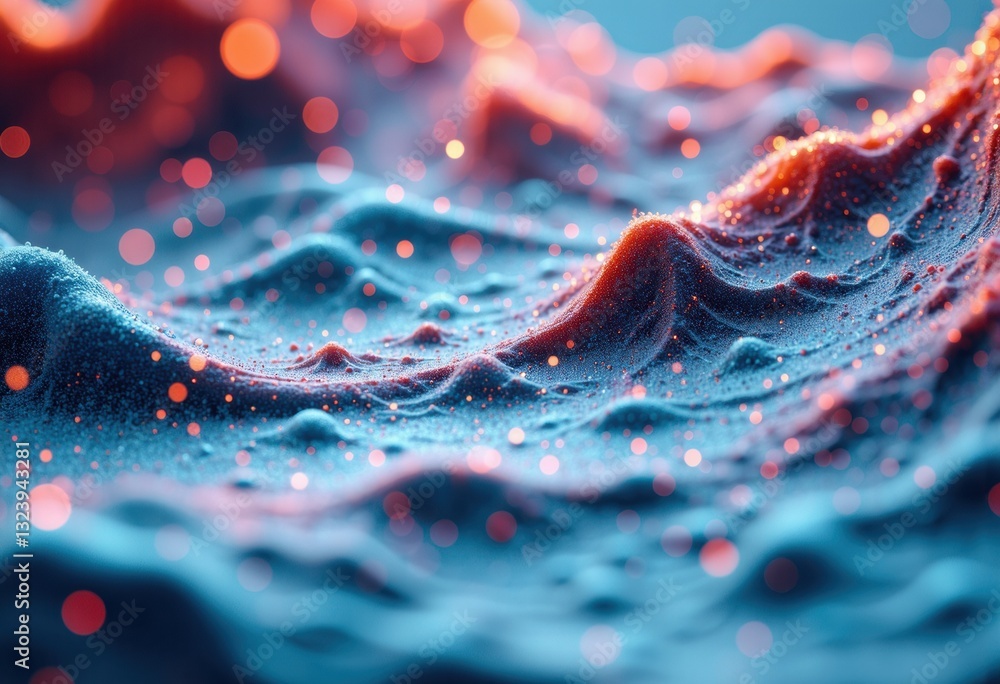 Poster abstract waves of blue and orange with glowing particles create a mesmerizing effect