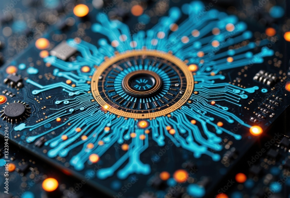 Poster close-up of a circuit board with intricate blue and orange patterns