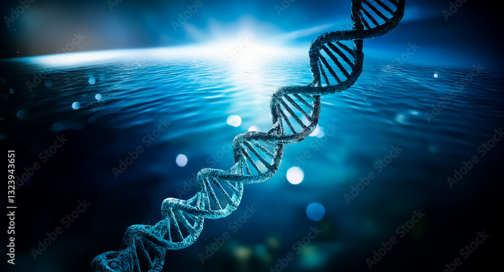 Poster elegant blue dna helix structure on a dark abstract blue background with bright light, creating a sc