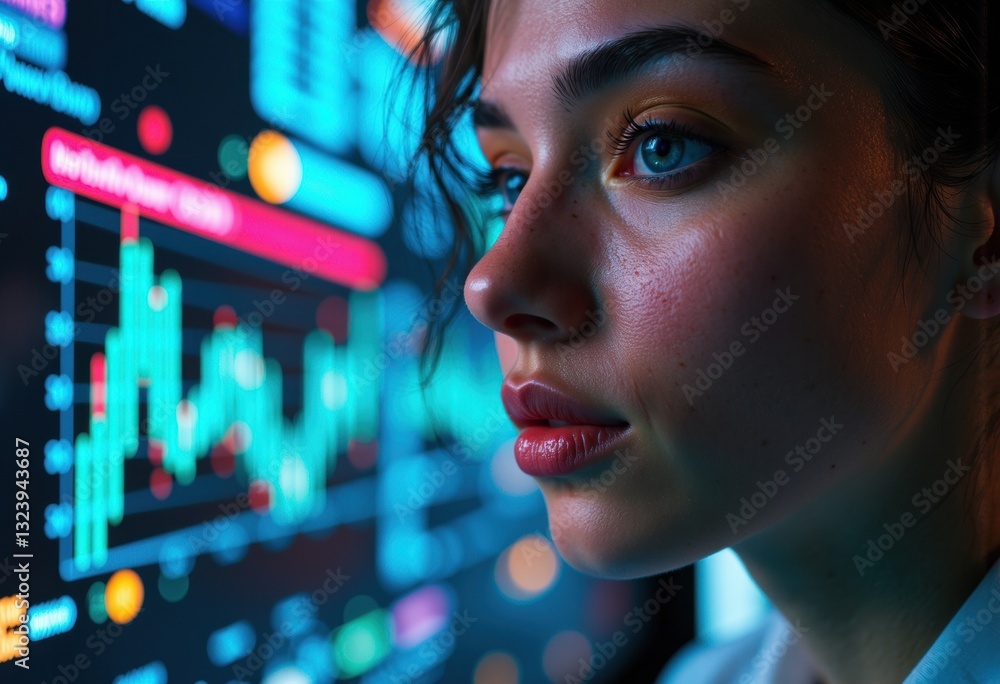Poster a focused woman analyzing data on a digital screen with colorful graphs