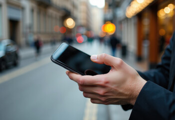 A person holding a smartphone in a bustling city street setting