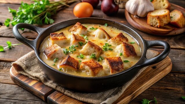 A warm, golden-brown homemade onion soup fills a rustic cast iron dish with a crispy top layer of melted cheese croutons , cheese croutons, cast iron dish