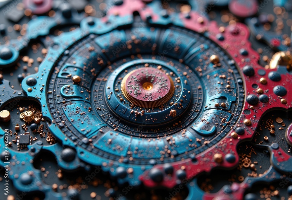 Poster intricate close-up of a colorful mechanical design with metallic elements