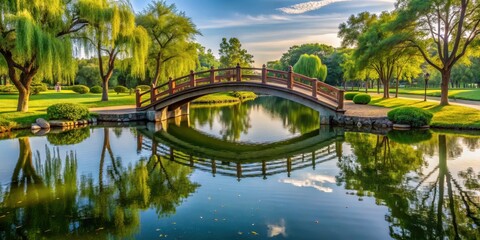 Fototapeta premium Bridge Over Serene Pond In Park, water, outdoor scenery, water, outdoor scenery, park, forest, stillness