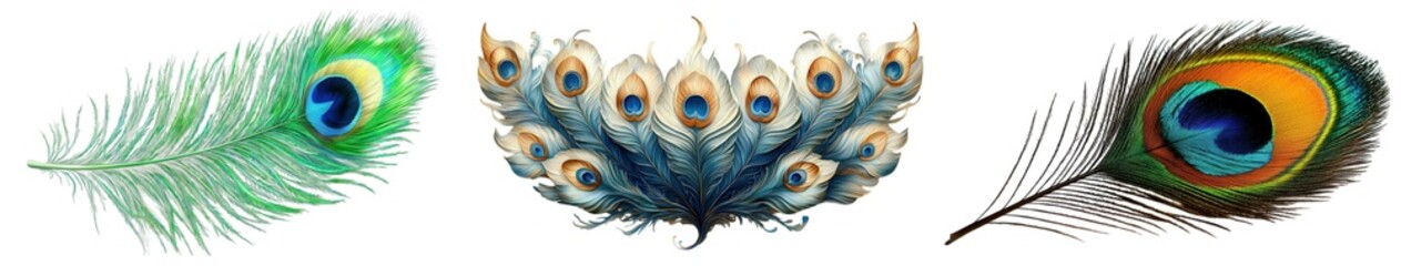 Obraz premium Beautiful peacock feathers showcasing vibrant colors and intricate patterns, perfect for art and design projects. Isolate on white background, commercial use