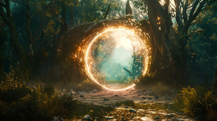 A mysterious portal in the middle of a forest, with swirling energy and a glimpse of another world beyond.