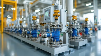 Fototapeta premium Industrial automation and monitoring equipment such as valves pipelines pressure controls and monitoring panels installed in a modern factory production facility or workshop