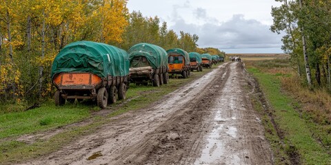 Covered Wagons on a Muddy Prairie Trail Amidst Autumn Colors