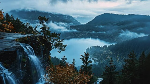 waterfall at the cliff-edge at high mountain with aerial view of long river and sunset sky