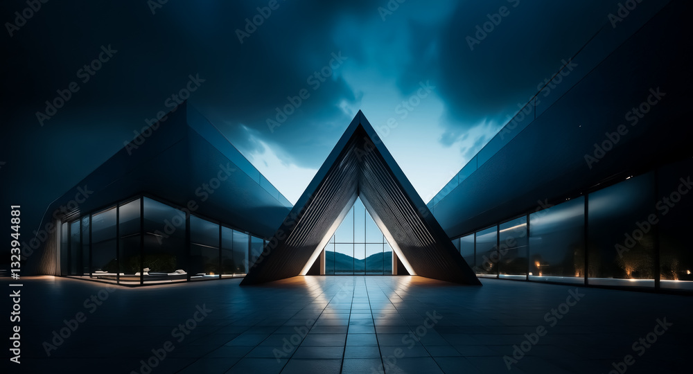 Poster modern building with a striking triangular entrance stands illuminated at night under a dramatic, cl
