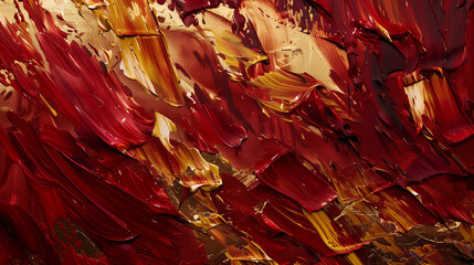 Powerful and chaotic brushstrokes of crimson and gold create an emotionally stirring abstract expressionist artwork.