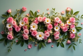 Obraz premium Beautiful floral arrangement spelling MOM with pink roses and daisies
