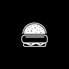 White hamburger icon on black background, minimalist vector illustration for fast food and restaurant branding