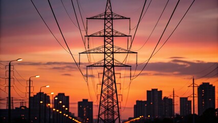 peak energy demand concept. Electric towers silhouetted against a colorful sunset and city skyline.