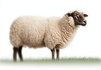 Fototapeta premium Cute fluffy sheep standing in a green field with soft white background, showcasing its woolly coat and gentle expression, farm animal