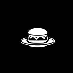 White hamburger icon on a plate on black background, minimalist vector illustration for food and restaurant designs