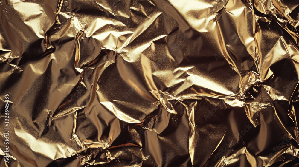 Poster metallic foil texture exhibits intricate crumpling in a close-up view showcasing its shiny surface a