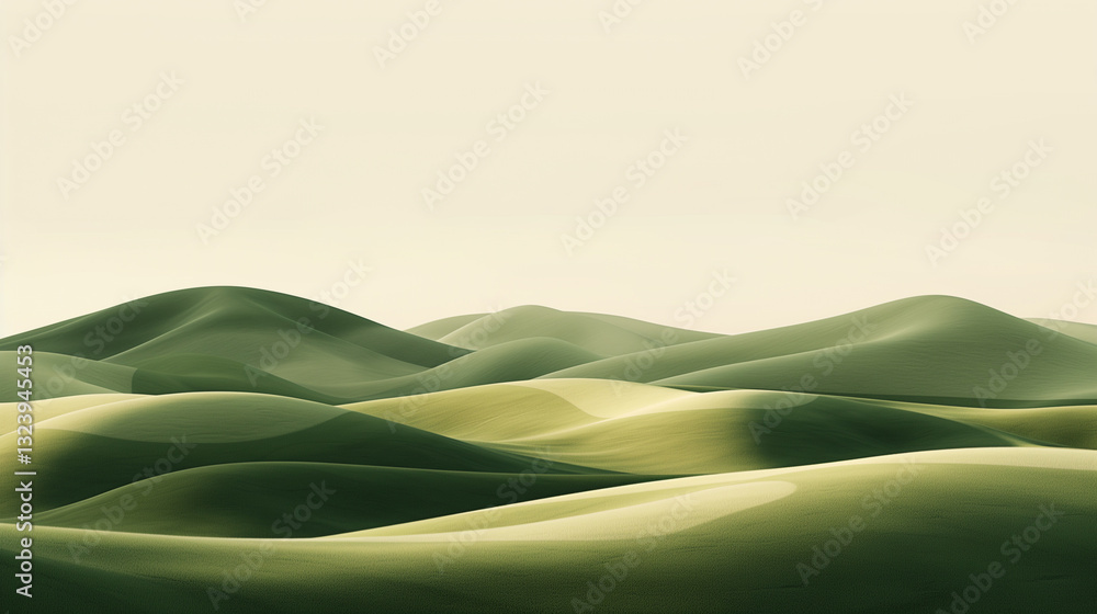 Poster simple, elegant lines form a minimalist representation of rolling hills under a gentle wind.