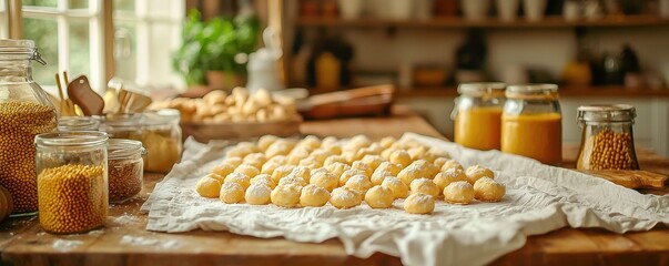 Fototapeta premium Vegan Chickpea Bowl Delight: Wholesome Plant-Based Diet for a Healthy & Green Lifestyle, featuring homemade aquafaba chickpea marshmallows in a fresh liquid bowl setting.