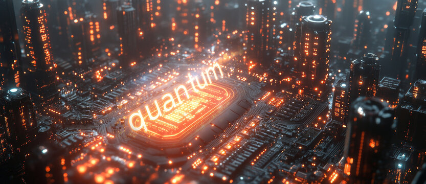 A vibrant urban landscape illuminated by countless lights showcases advanced quantum computing concepts like superposition and entanglement.