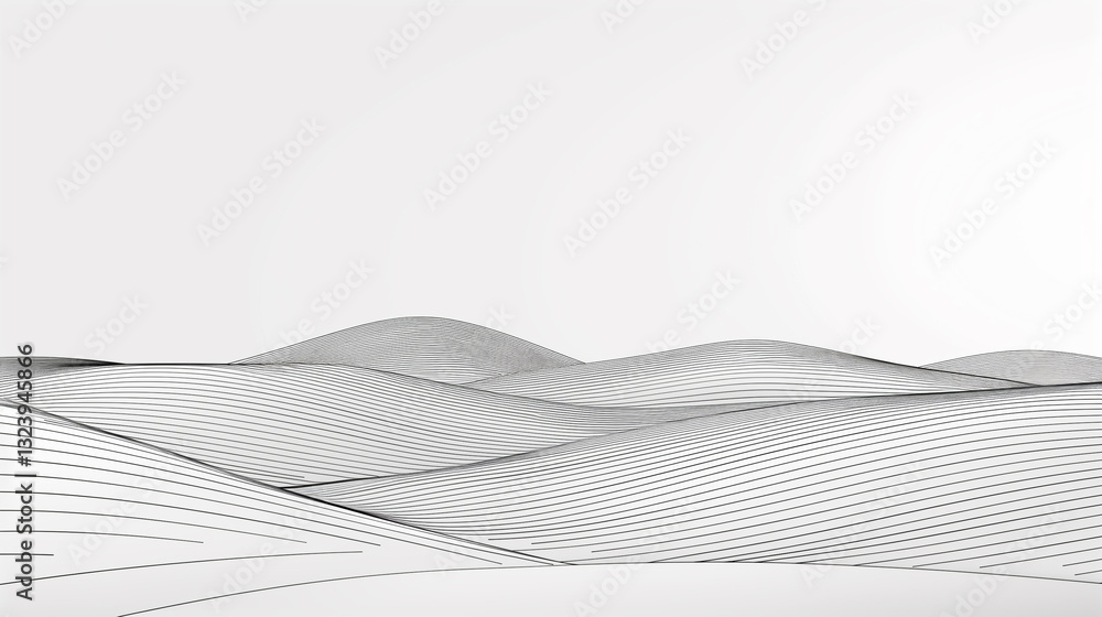 Poster simple, elegant lines form a minimalist representation of rolling hills under a gentle wind.