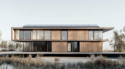 Fototapeta premium Modern wooden house with solar panels. Spacious contemporary home design with large windows and a wooden exterior. Elevated on a concrete foundation, the home features a sleek, minimalist aesthetic
