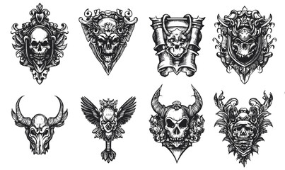 Fototapeta premium Gothic skull emblems collection: ornate and intricate designs, flat icons set, vector.