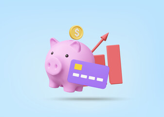 3D Vector Illustration Render Icon of Piggy Bank, Credit Card and Line Graph Up. Concept of saving money to prepare for future spending, Security, Debt payment, Purchase of goods or services.