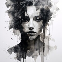 Fototapeta premium A stunning monochrome watercolor portrait of a woman, featuring expressive brushstrokes and flowing ink drips. The artwork captures raw emotion with deep eyes and striking contrasts.