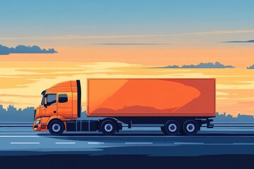 Graphic layout for advertising featuring an orange truck against a sunset backdrop