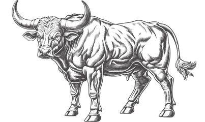 Fototapeta premium Powerful bull illustration in black and white, detailed line art - vector, linear icons set.