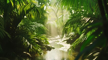 Naklejka premium Lush Tropical Jungle with Sunlight and Flowing Stream in Nature