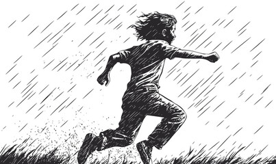 Running child silhouette in rain with dynamic lines, flat icons set, vector.