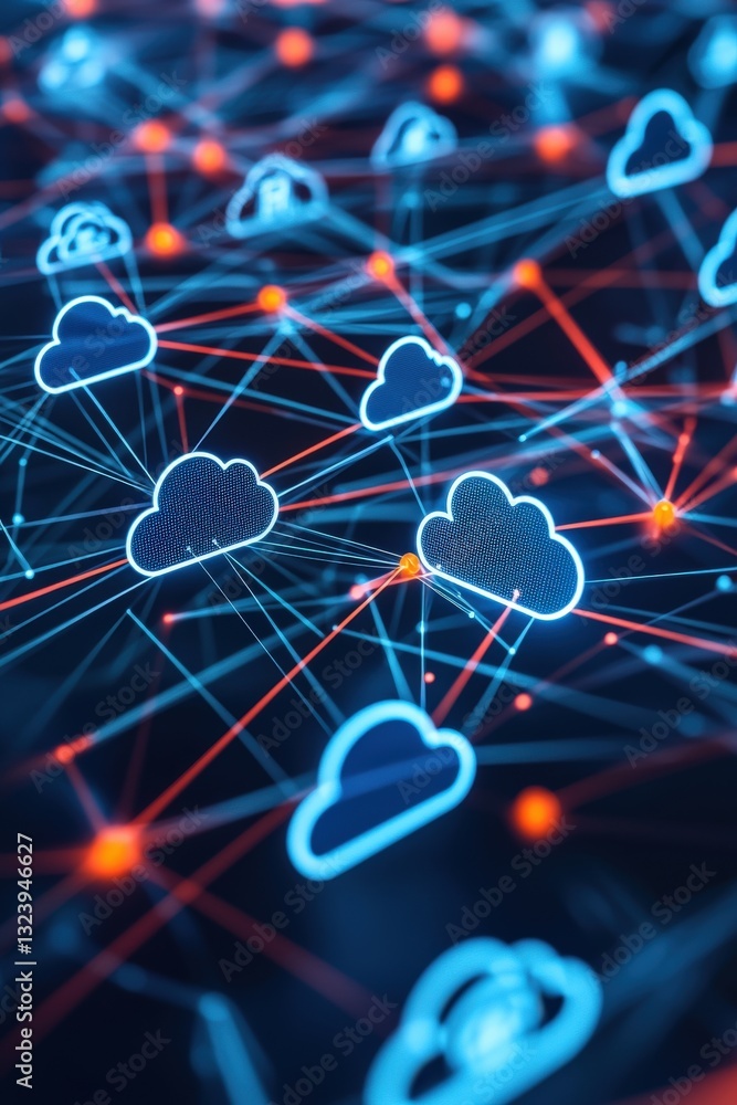 Poster a floating network symbolizing the cloud-based collaboration of global companies.