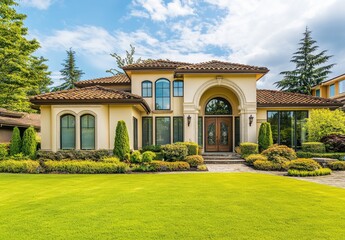 Obraz premium Elegant, spacious home with manicured landscaping. Features include a classic architectural style with terracotta roof, arched windows and a grand entrance