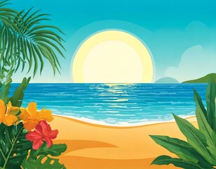 Obraz premium 浜辺 南国植物 イラスト 海 浜