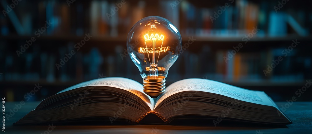 Poster a glowing light bulb surrounded by open books, representing the fusion of knowledge and enlightenmen