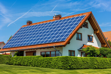 Fototapeta premium Contemporany house with blue solar panels on the red roof. End of the day, sunset, Idyllic atmosphere 