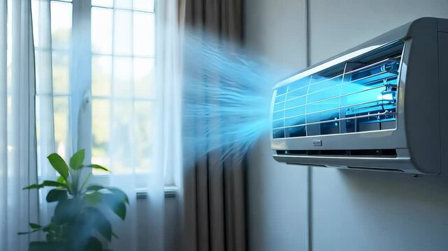 Cold air flow from air conditioner. Blue wind waves fresh cold air blowing effect