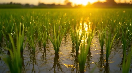 Fototapeta premium Close-up View of Green Rice Plant with Sunset Reflection in Water