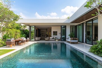 Modern villa with pool and indoor-outdoor living.  