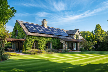 Modern house with blue solar panels on the roof. End of the day, sunset, Idyllic atmosphere
