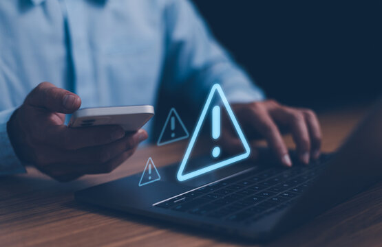 Caution warning sign indicates a potential error danger in the digital technology system. Symbol exclamation, system failure or trouble. Notice important website maintenance and available on internet